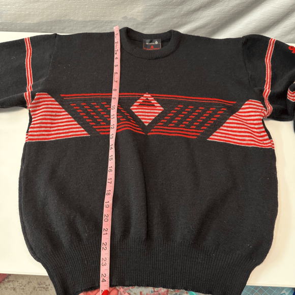 Vintage 80s Demetre Mens M Ski Sweater Wool Black Red Diamond Retro Preppy - Picture 5 of 12